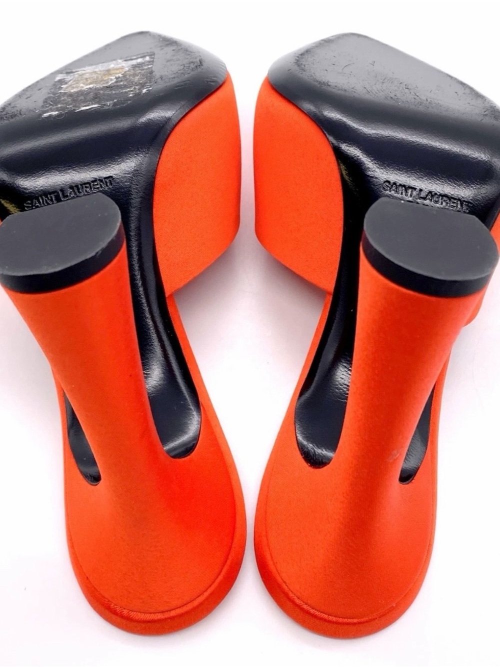 Saint Laurent Bright Orange Satin Peep-Toe Mule - Picture 5 of 8